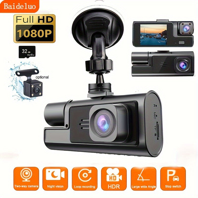 Baideluo three-lens video dashcam records in front and inside the car simultaneously in 1080P HD quality, with night vision and reversing image feature.