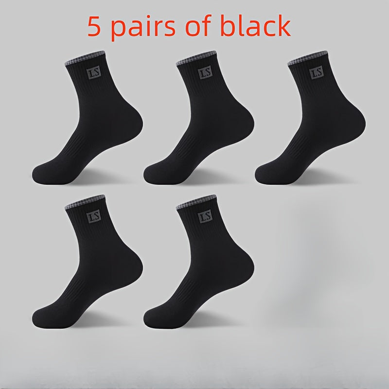 5 pairs of men's crew socks with alphabet pattern, made of knit polyester and spandex blend, breathable and soft, suitable for sports and casual wear, machine washable.