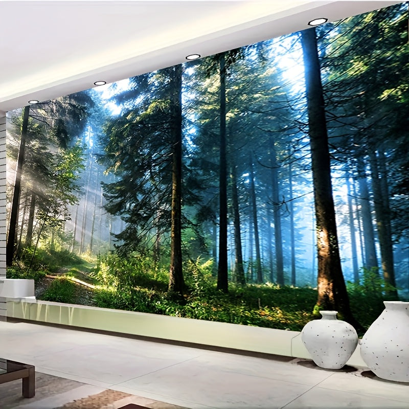 Super large forest landscape background decoration made of brushed polyester with a striped pattern. Comes with 6 pairs of installation package for indoor bedroom.