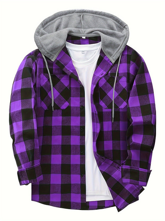 Men's plaid pattern hoodie jacket with pockets for stylish leisurewear outdoors.