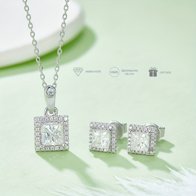 Elegant Square S925 Silver-Plated White Gold Moissanite Pendant Necklace and Earring Set, Stylish Accents for Parties, Vacation Beach Wear, Thoughtful Gift for Her, Unisex Present, Perfect for Everyday Outfits