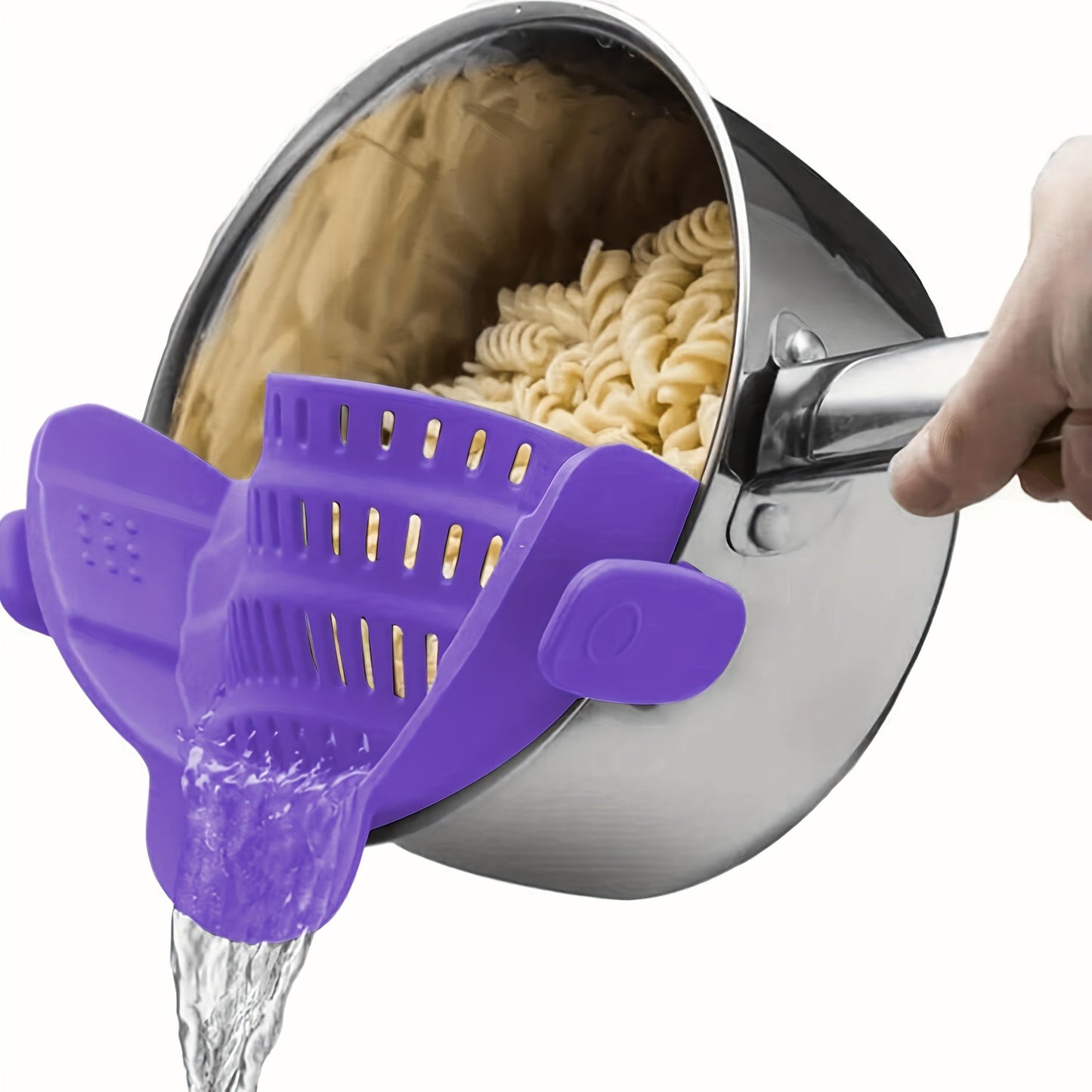 Adjustable clip-on strainer for pots and pans, made of plastic. Perfect for straining pasta, meat, vegetables, and fruit. An essential kitchen colander accessory.