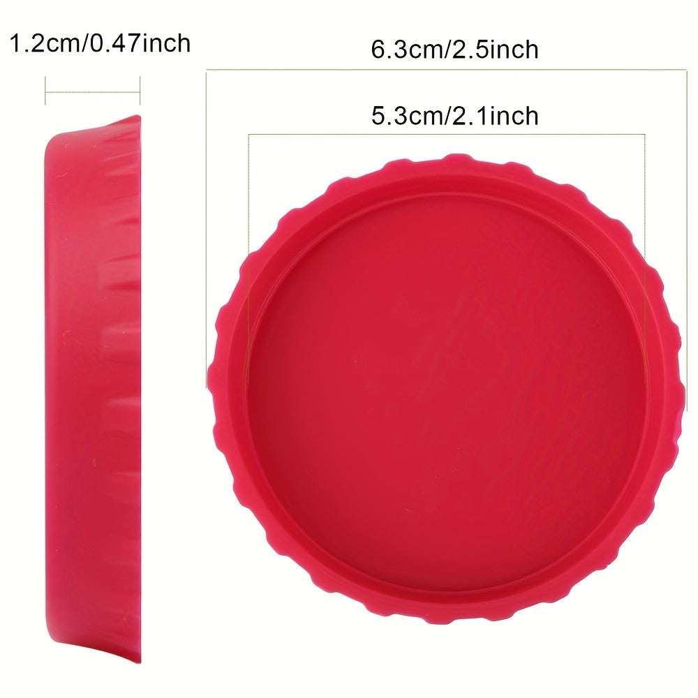 Six silicone soda can lids that prevent spills and fit standard soda cans. They come in a variety of colors and can also be used to cover juice and beverage cans.