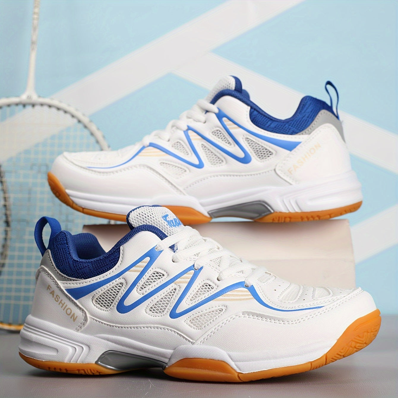 Unisex badminton tennis shoes with breathable, non-slip, and durable design. Made with superfine fiber and fabric upper, fabric inner, and rubber/EVA sole. All-season sports footwear from