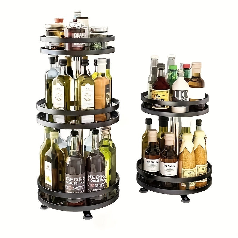 A versatile kitchen storage rack that rotates 360 degrees, perfect for organizing seasonings, oils, salts, sauces, vinegars, and condiment jars.