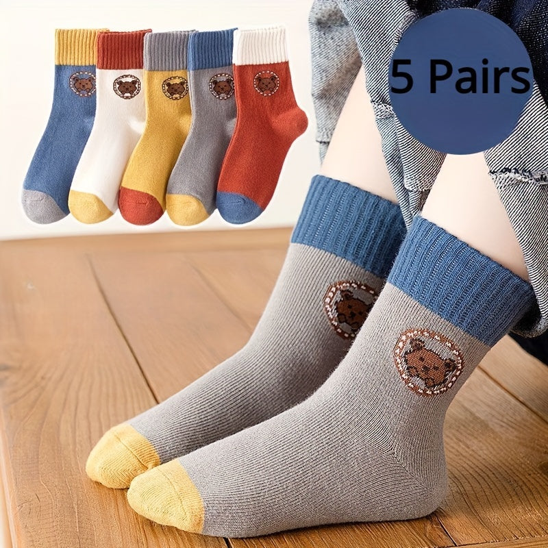 5 pairs of cozy unisex bear pattern crew socks for winter and autumn, with breathable and thermal features.