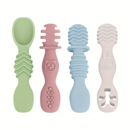 4-piece silicone spoon set for children 6+ months, chewable and soft-tipped, BPA-free and dishwasher safe