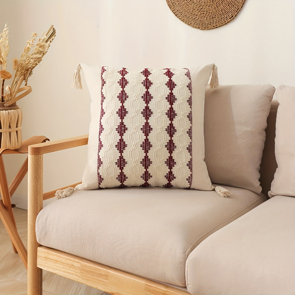 One piece Bohemian Chic Fringe Pillow Cover with Geometric Pattern in Orange, Beige & White. Made from Stain-Resistant Polyester with Zippered Square/Rectangular Cushion Case for Living Room Sofa Decor. Machine Washable, perfect for Throw Pillows on