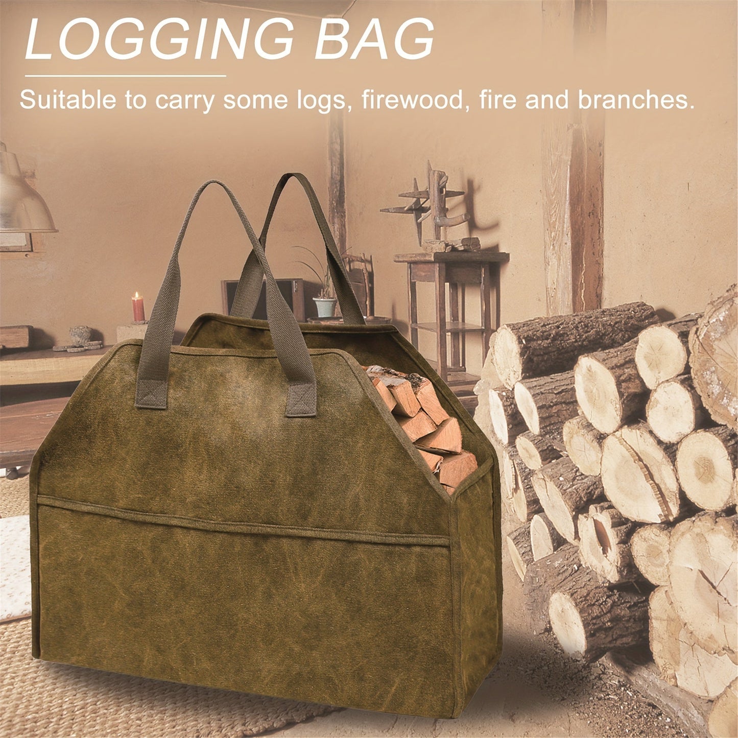 Sturdy Canvas Firewood Tote - Outdoor Storage Bag for Heating, Cooling, and Air Purifier Supplies