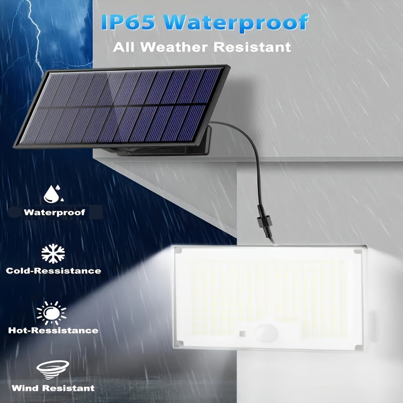 Solar floodlight with motion sensor, 3 lighting modes, and remote control for outdoor installation on walls.