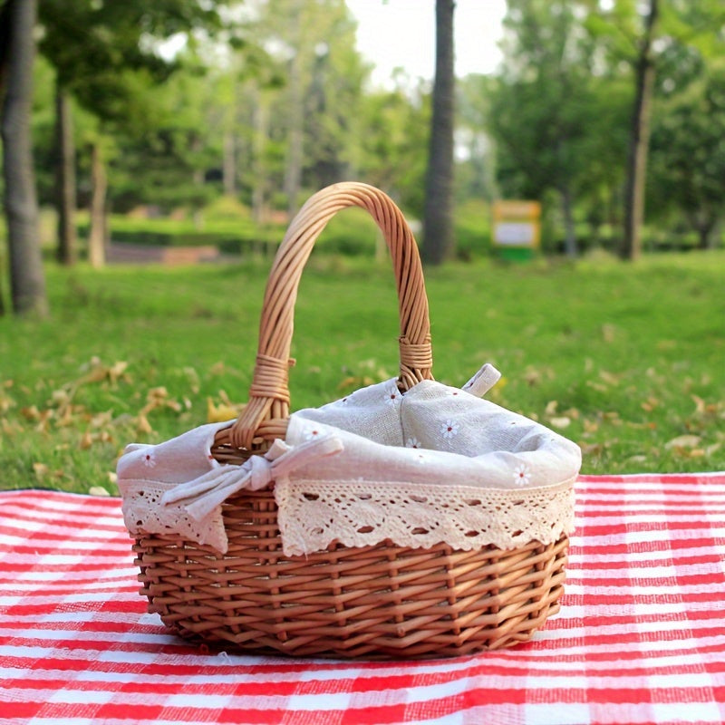 Wicker picnic basket with lid, insulated net, outdoor storage for garden & lawn, wooden frame, ideal for picnics & gardening.