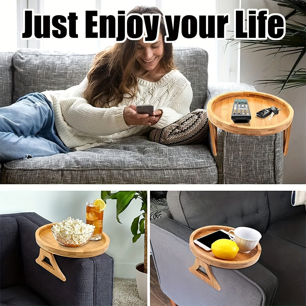 Convenient Clip-On Bamboo Sofa Armrest Tray Table - Perfect for Holding TV Dinners, Remotes, Drinks, and Snacks with a Space-Saving Design