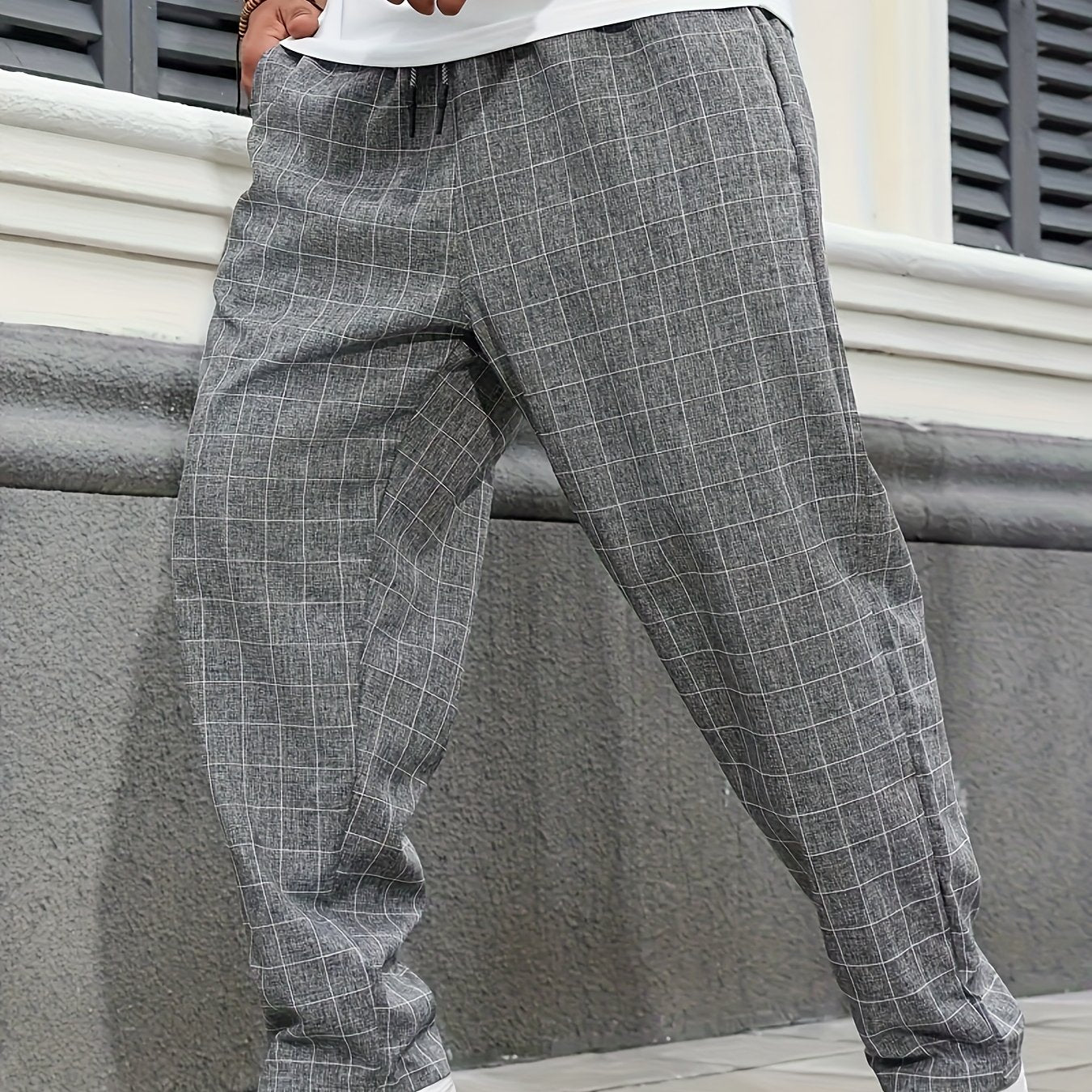 Men's Casual Plaid Jogger Pants in PLUS SIZE, made of woven polyester with drawstring waist, relaxed fit, and machine washable for all-season comfort.