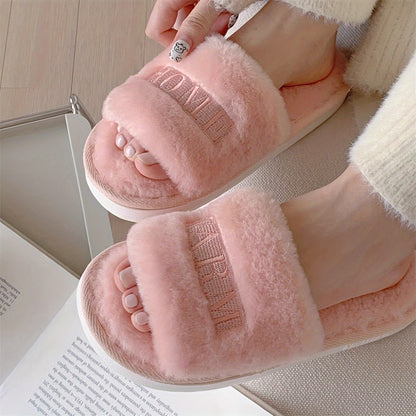 Comfortable women's slippers with "HOME WARM" embroidery, faux fur lined, non-slip for all seasons.