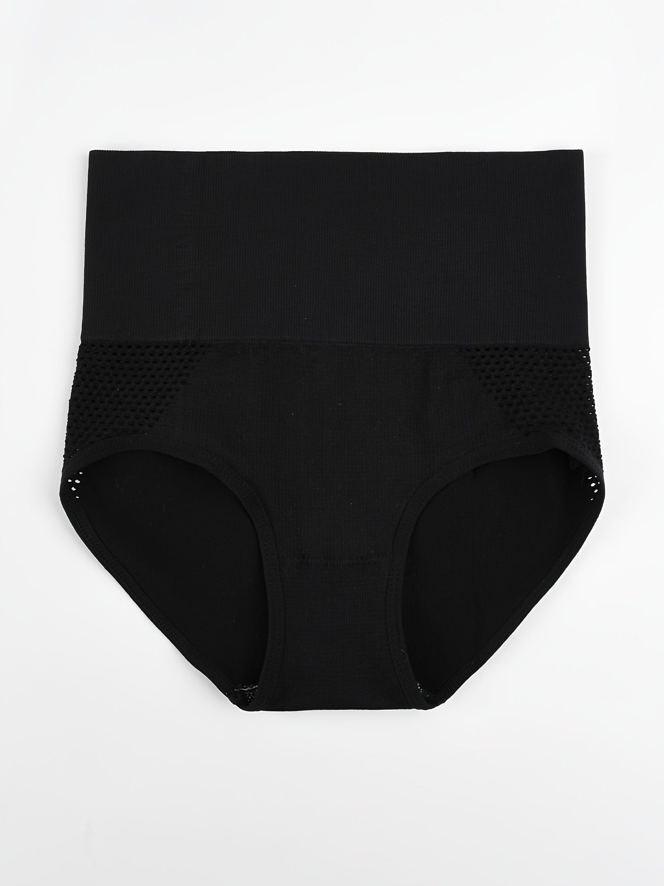 High-waisted tummy control shapewear panties with breathable mesh, perfect for postpartum body shaping. Made of 90% elastane and 10% briefs with hollow detail and knit fabric support.