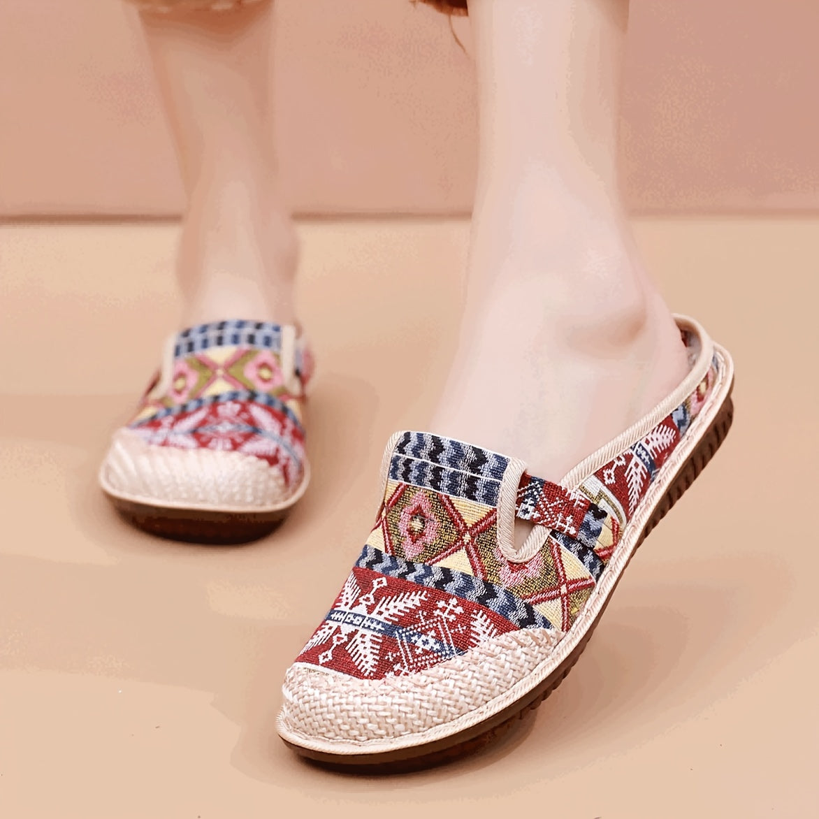 Womens Summer 2024 Fashion Tribal Style Slip-On Shoes with Breathable Fabric Upper and Faux Sole