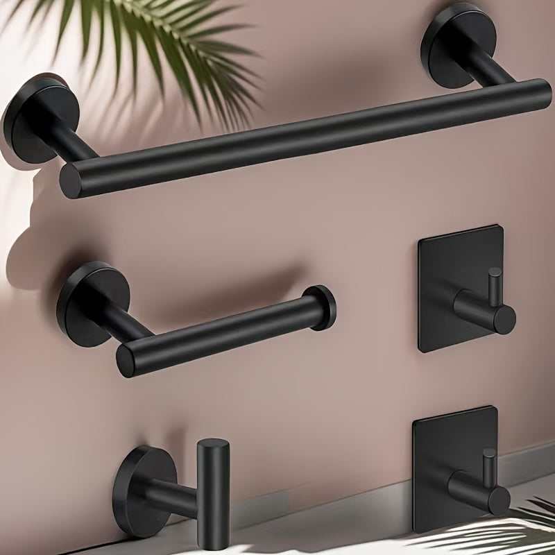 Stainless Steel Bathroom Hardware Set in Black Gold/Golden/Matte/Black Finish - Includes Towel Rack, Toilet Paper Holder, and 3 Bathrobe Hooks. Round Wall Installation. Perfect for Hotel, Home, Kitchen, and Bathroom Use.