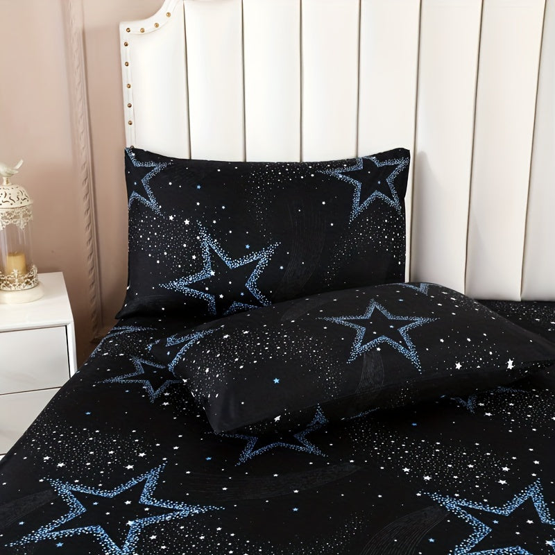 Transform your bedroom with the Starry Sky Bedding Set. This set includes a soft fitted sheet and two pillowcases, all made from durable polyester with a 80-85gsm twill weave. The flat print design adds a touch of style to your decor, while the 30-34cm