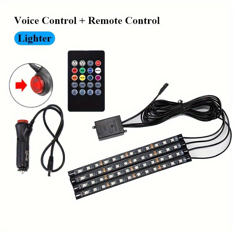 Car LED foot light strip with music voice control, app control, and RGB decorative lighting.