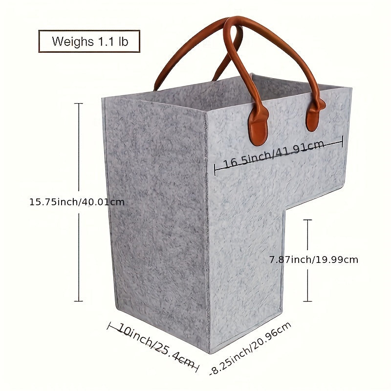 Felt storage basket with leather handles, foldable open top for organizing clothes and toys at home.