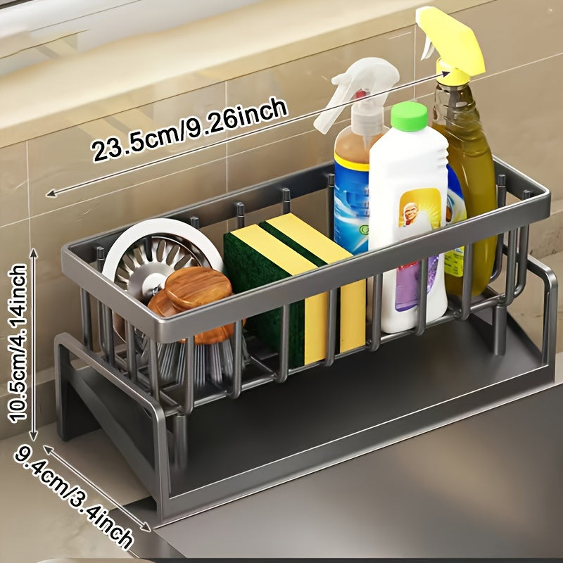 Space-Saving Metal Kitchen Sink Organizer: This durable dish rack includes a drainage basket for efficient cleaning tool storage. It features a cloth holder and cup organizer. Please note that the plastic used is not food-safe. Perfect for drying dishes