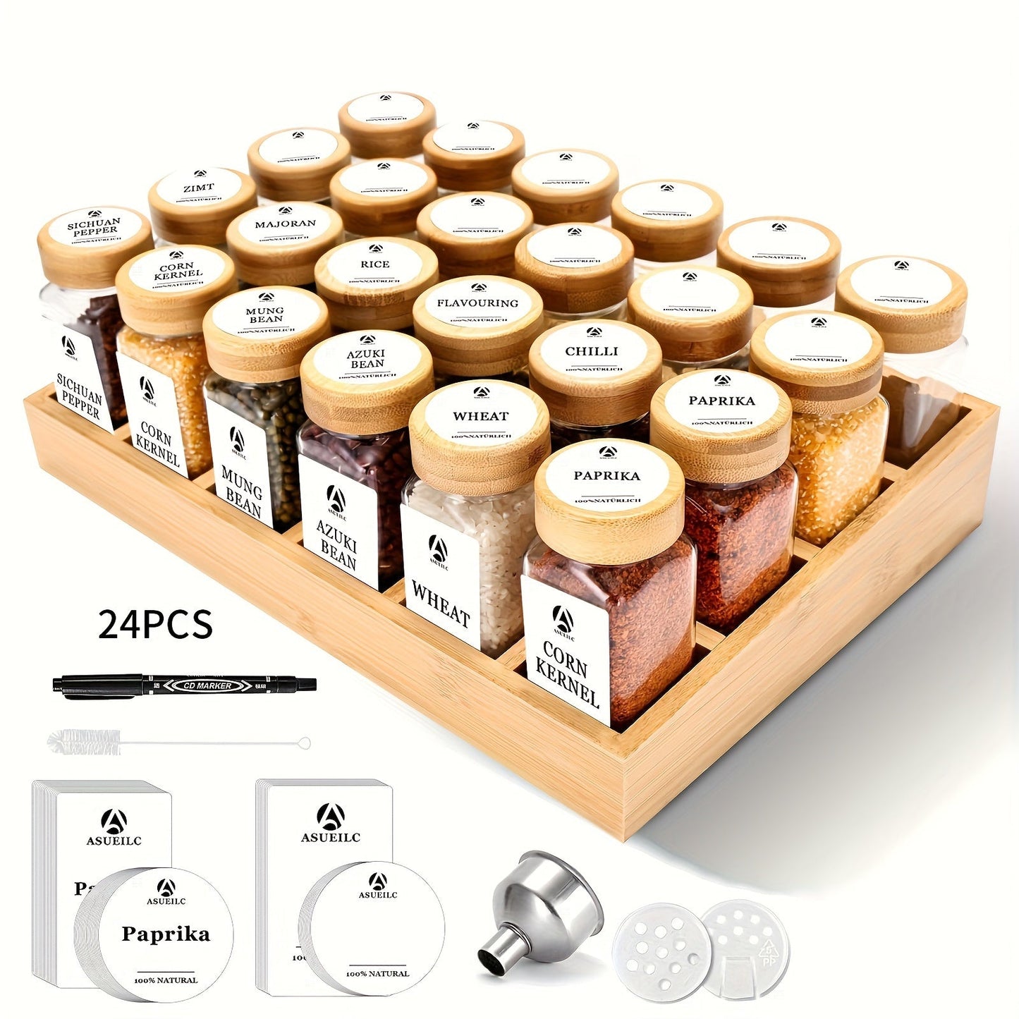 The spice rack includes either 12 or 24 jars with bamboo lids, as well as a bamboo drawer organizer complete with attached waterproof adhesive labels specifically designed for English herbs, spices, and condiments for convenient and easy access.