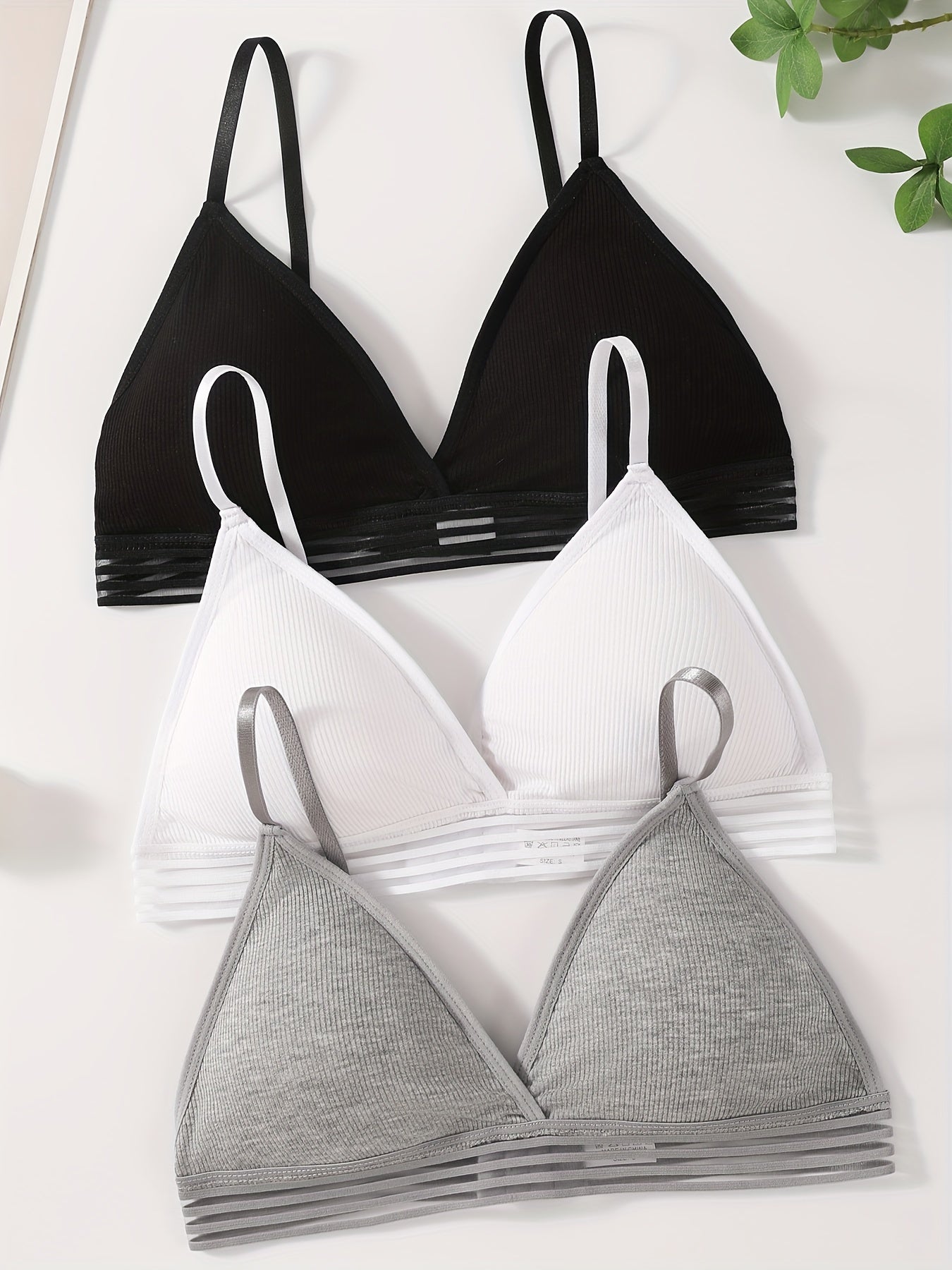 3 Women's Wireless Ribbed Bras - Comfortable & Breathable, Striped V-Neck with Removable Pads, Elastane & Polyamide Blend, Hand Washable - Black, White, Gray.