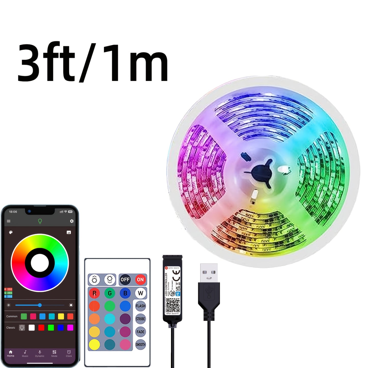 91.44cm-30.48m RGB LED strip lights with remote & app control, adjustable brightness, DIY mode, USB powered, ABS material, non-rechargeable button battery, for bedroom, living room, TV