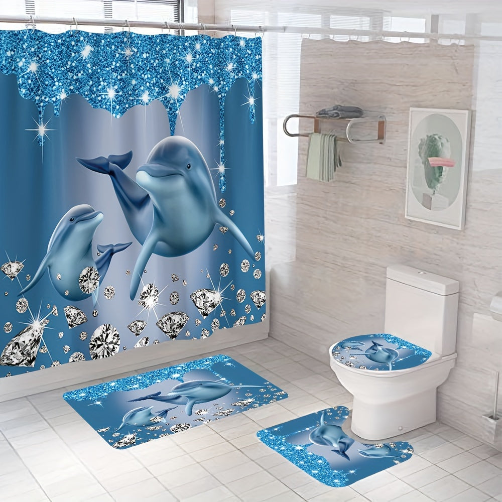 Ocean Dolphin Shower Curtain Set with 3D printed cartoon design, made of twill weave polyester fabric. Includes non-slip washable bath mat, toilet cover, and twist top with hooks. Suitable