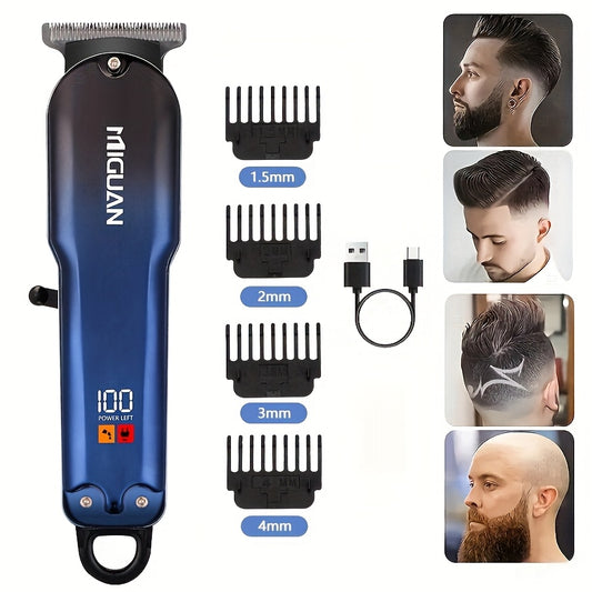 USB rechargeable hair clipper with digital display, 4 blades, ergonomic handle for precision trimming and styling. Ideal gift with sleek blue design.