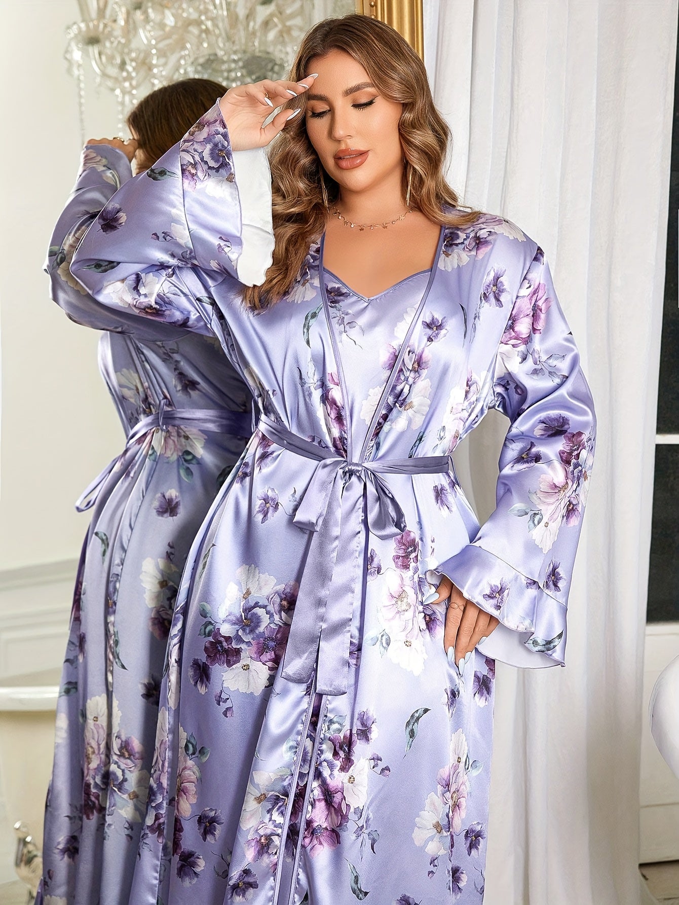 Plus size floral print nightgown and pajama set for women with suspenders.