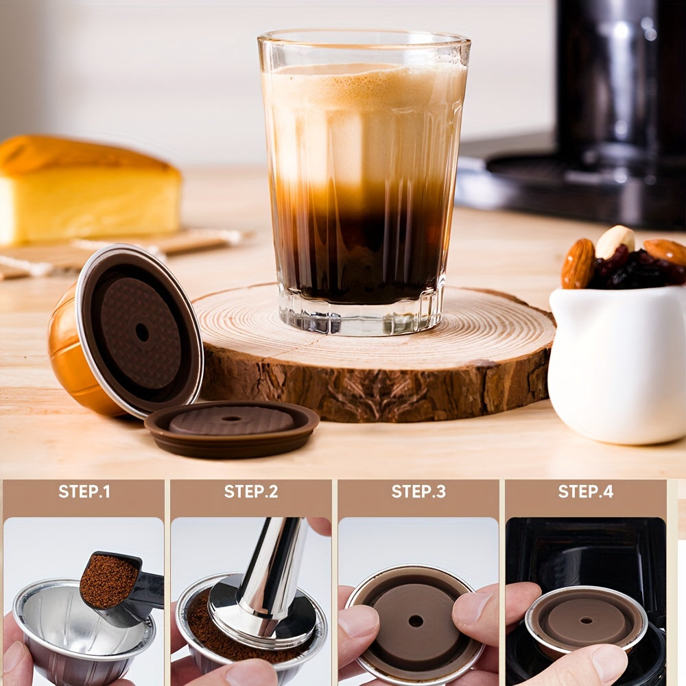 One pack of two reusable coffee capsule lids compatible with Nespresso Pods Vertuo, made of food grade silicone. These caps fit all sizes of reusable Nespresso Vertuo pods and come with a scoop and brush for easy refill.