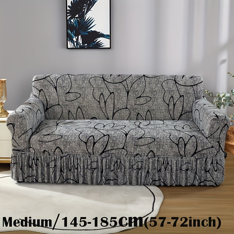 Grey Bohemian style sofa cover with skirt, machine washable, suitable for all-season use. Made of polyester spandex fabric, ideal for living room, bedroom, or office decor.