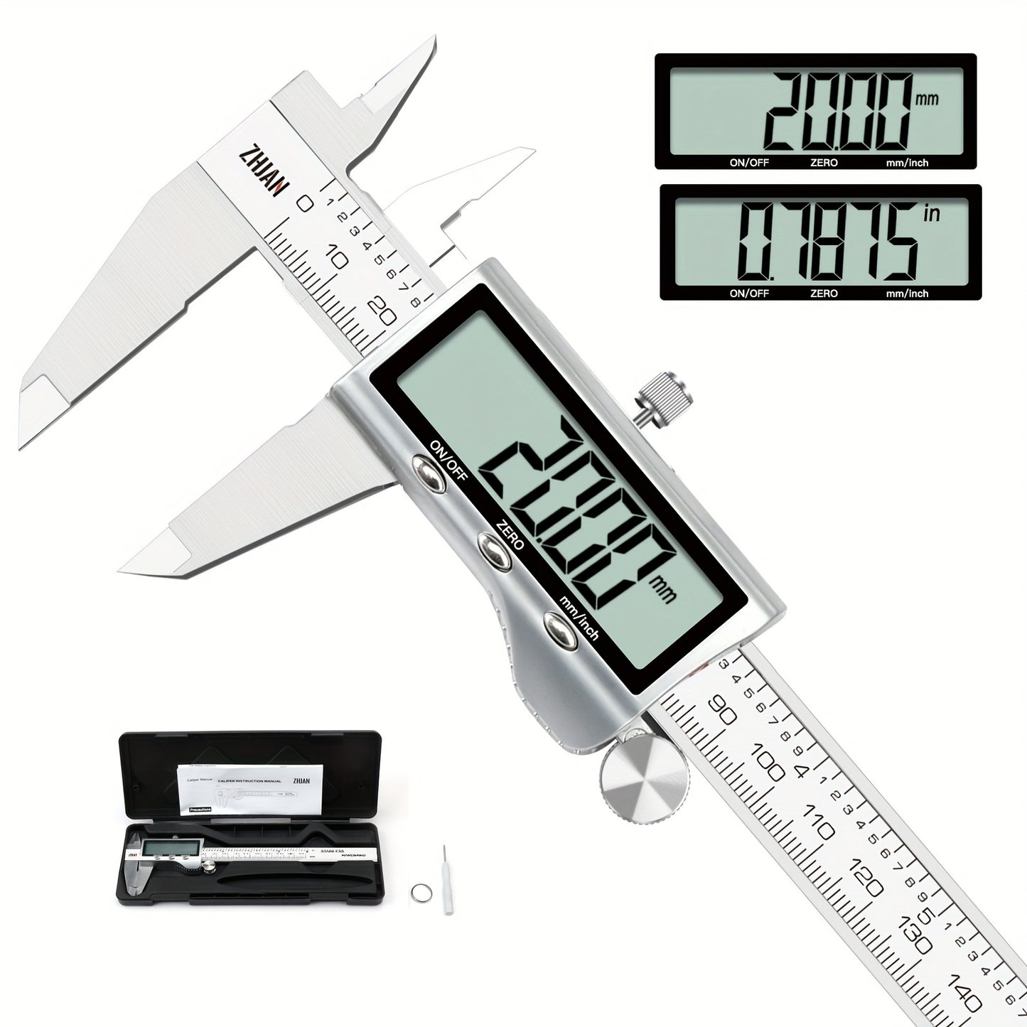 Stainless steel digital caliper with large display, automatic shut-off, and inch/mm conversion. Battery powered with non-rechargeable button battery.