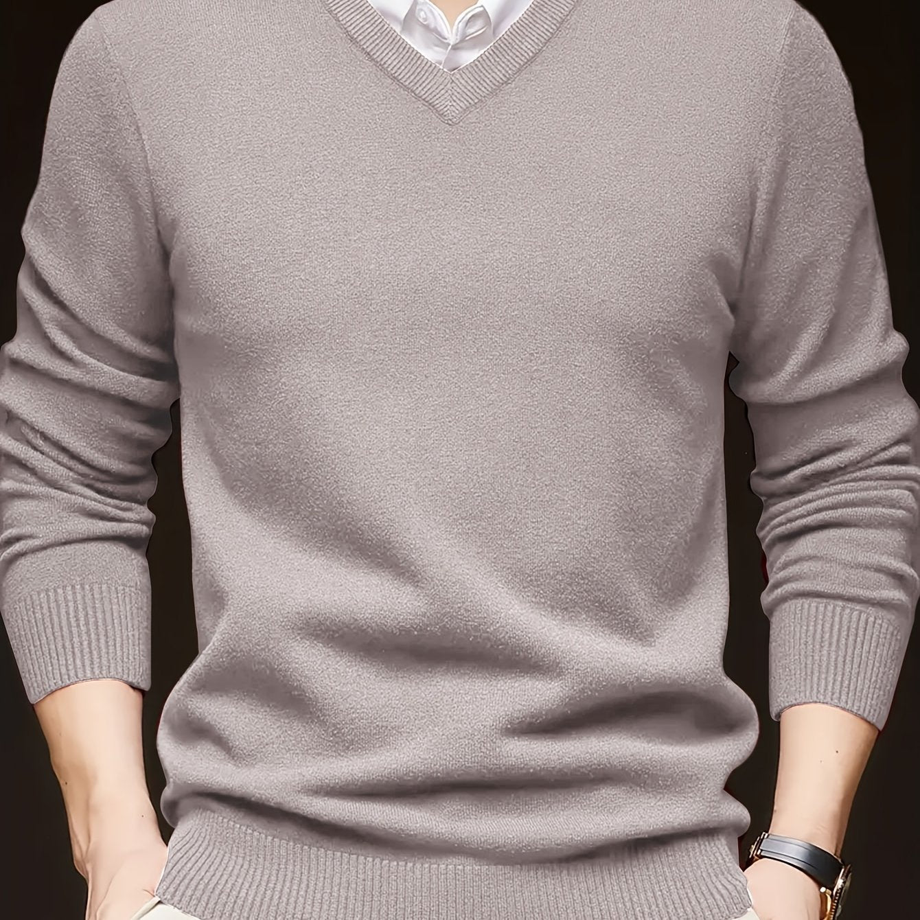 Solid color V-neck knit sweater for men, casual trendy long sleeve pullover, great as a gift.