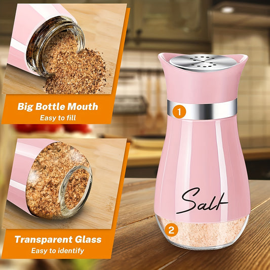 4 oz Glass Salt and Pepper Shaker Set with Stainless Steel Lid in Pink for Kitchen, Table, RV, Camping, BBQ - Refillable