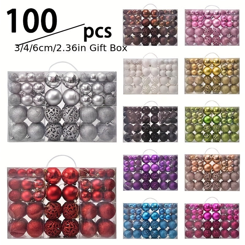 100-piece set of shatterproof plastic Christmas ball ornaments in a hand-held gift box, suitable for holiday decoration. No feathers included.