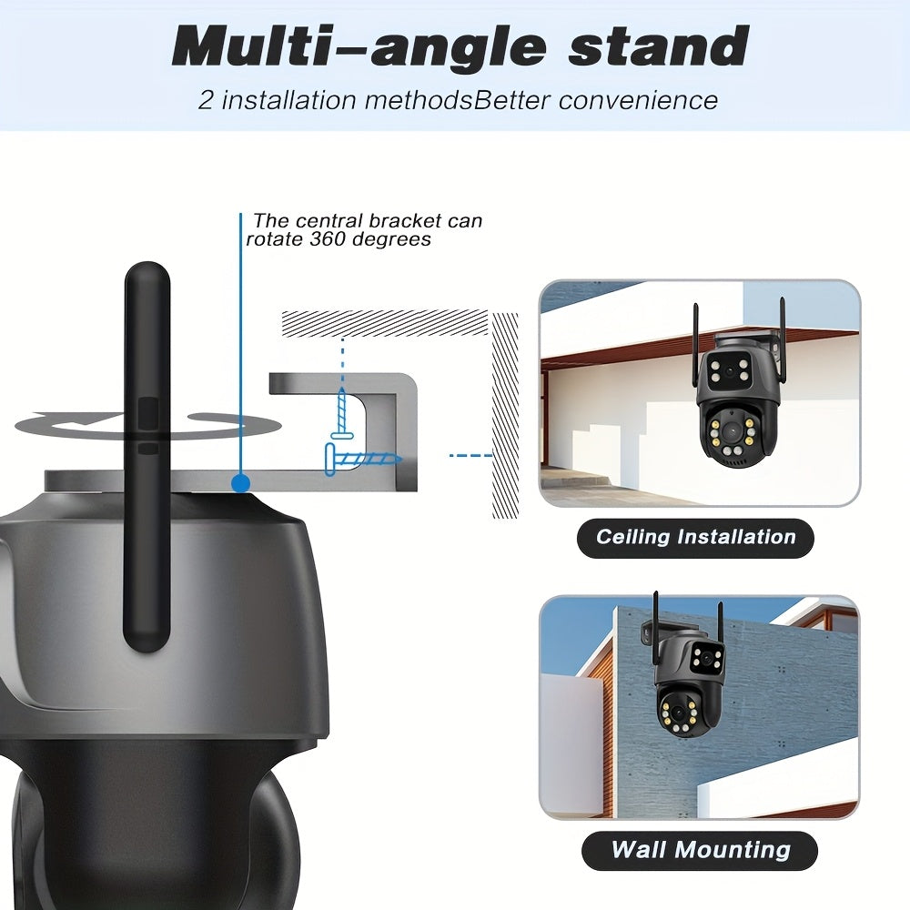 ANSCHIAT Outdoor Security Camera with 2 dual 4MP lenses, WiFi connectivity, motion detection, 360° rotation, two-way communication, full color night vision, and storage compatibility. EU