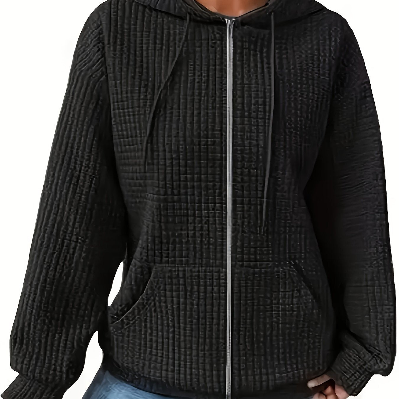 Stylish plus size women's hoodie with zipper made of polyester and elastane blend, perfect for all seasons with no fading or shrinking.