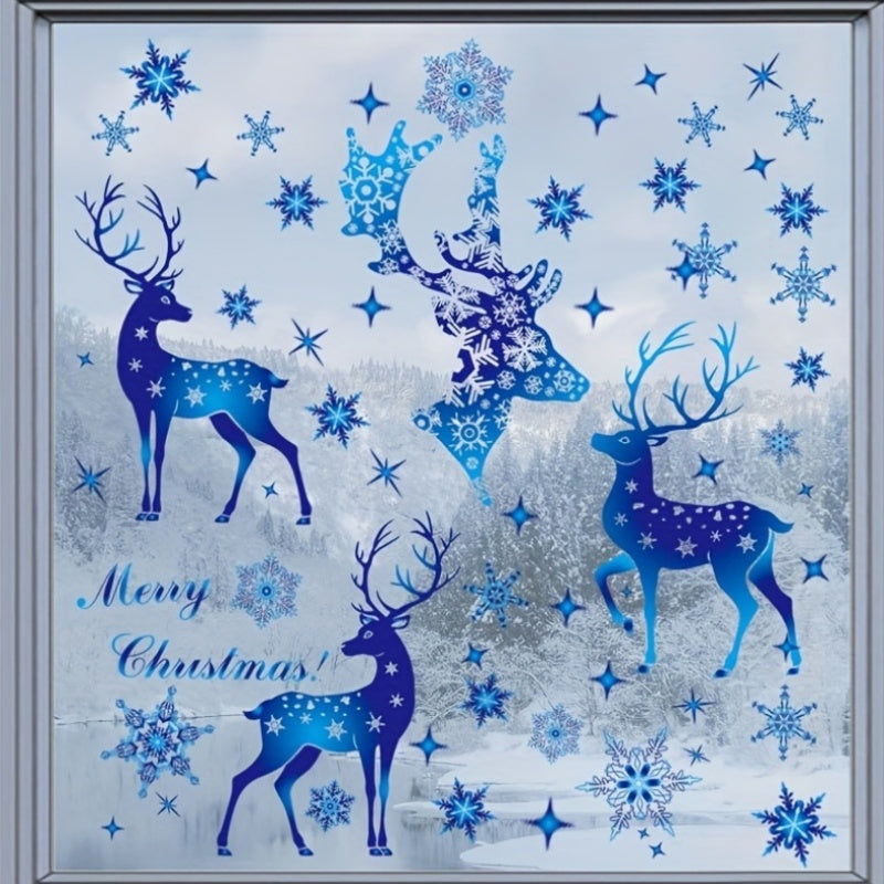 Christmas window decorations set including 5 pieces of window adsorption Christmas deer and snowflake stickers. Blue removable window decals perfect for Christmas party decoration.