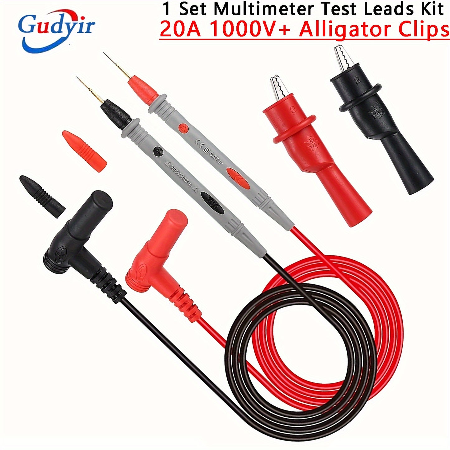 One set of universal multimeter test leads with alligator clips and various test probes for measuring AC/DC voltage up to 1000V and current up to 20A.