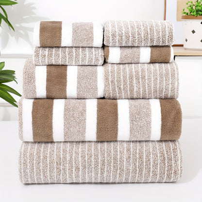 8-piece towel set with stripes - fast drying and highly absorbent. Includes 2 bath towels, 2 hand towels, and 4 washcloths for home, hotel, or spa use.