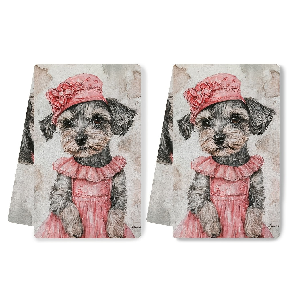 This set includes 2 ultra-soft kitchen towels with a cute Schnauzer puppy dressed up for Valentine's Day. The highly absorbent dish towels are great for holiday décor, machine washable, and measure 40.64x60.96 cm.