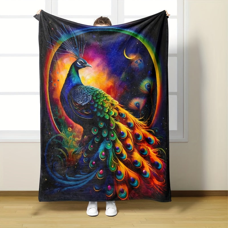 Peacock Print Blanket, Aesthetic Flannel Blanket, Soft and Cozy Throw Blanket for Couch, Office, Bed, or Travel. Versatile Gift for All Seasons.