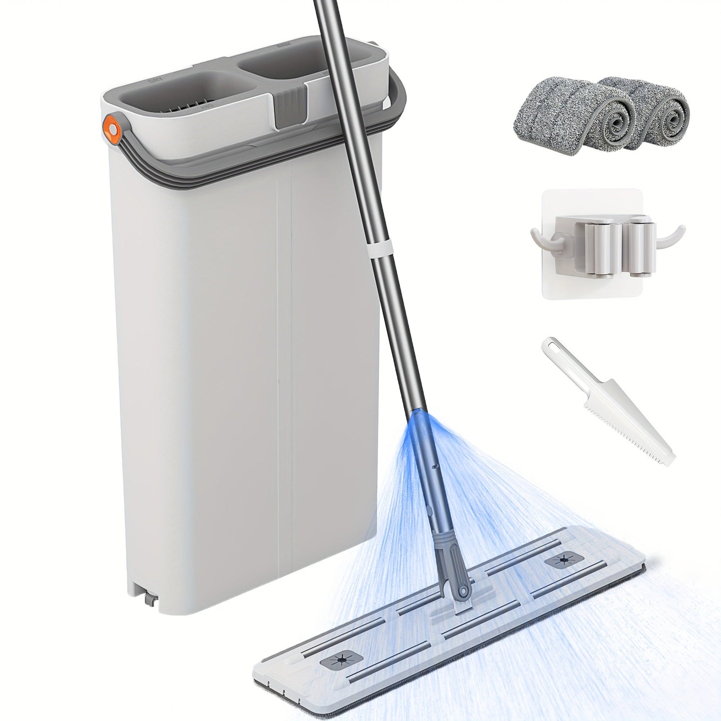 Set of household mop and bucket, comes with two different flat mop styles (regular and water spray), includes 2 mop cloths, scraper, and mop clip. Features 360° rotatable head and 45° automatic rebound. Extra large mop for efficient cleaning, perfect for