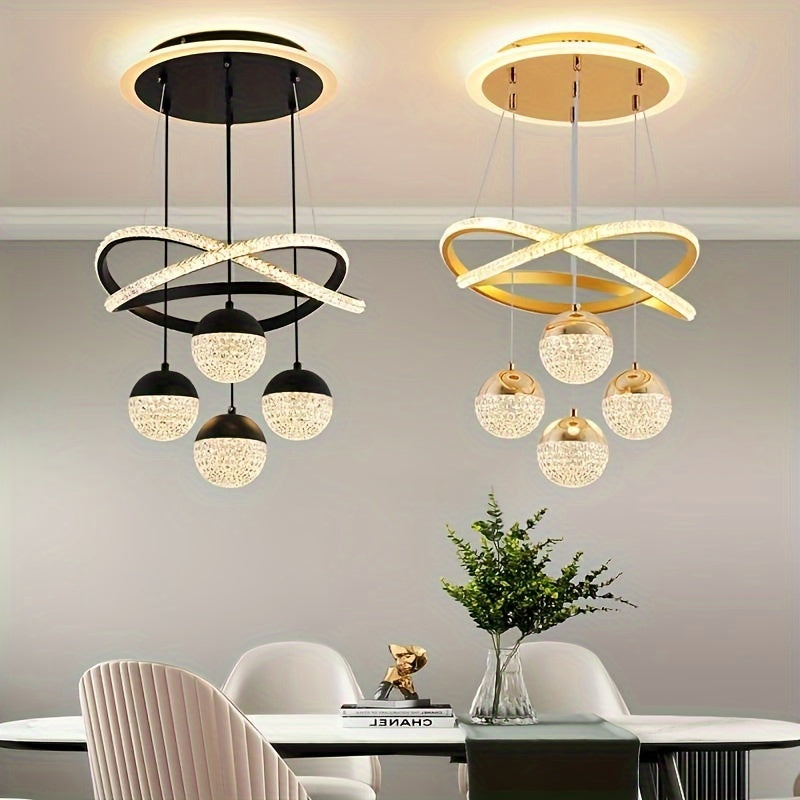 Contemporary LED chandelier with crystal embellishments and metal construction - perfect for dining rooms, living rooms, clothing stores, bars, and staircases. Includes installation hardware and features a simple, modern design. Ideal for apartments.