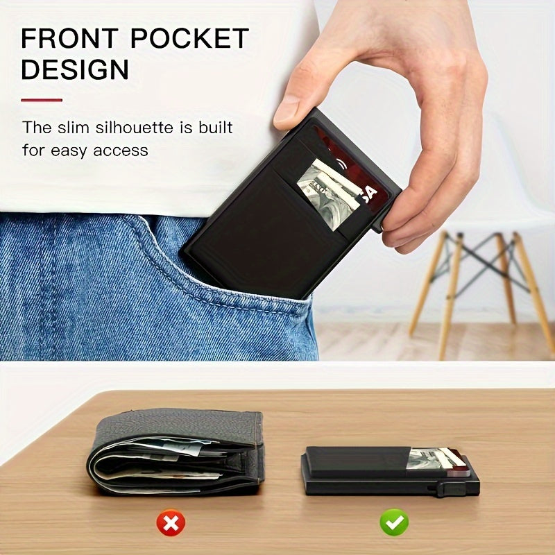 Aluminum RFID blocking credit card holder with side push mechanism.