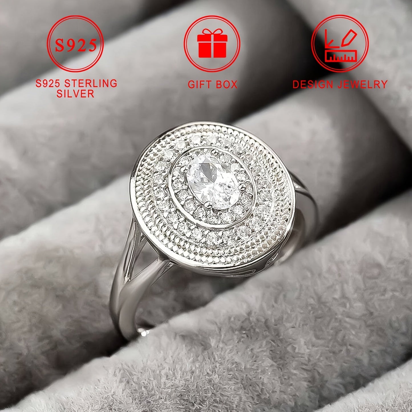 Beautiful Oval Sterling Silver Ring, 3.5g S925 Silver, Hypoallergenic and Nickel-Free, Women's Fashion Jewelry with Sparkling Cubic Zirconia, Unique Design and High-Quality Craftsmanship. Comes with Gift Box - Ideal for Everyday Wear and Gifting during