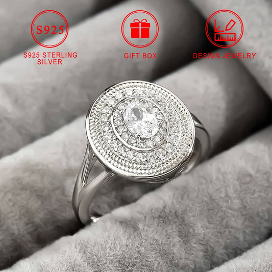 Beautiful Oval Sterling Silver Ring, 3.5g S925 Silver, Hypoallergenic and Nickel-Free, Women's Fashion Jewelry with Sparkling Cubic Zirconia, Unique Design and High-Quality Craftsmanship. Comes with Gift Box - Ideal for Everyday Wear and Gifting during