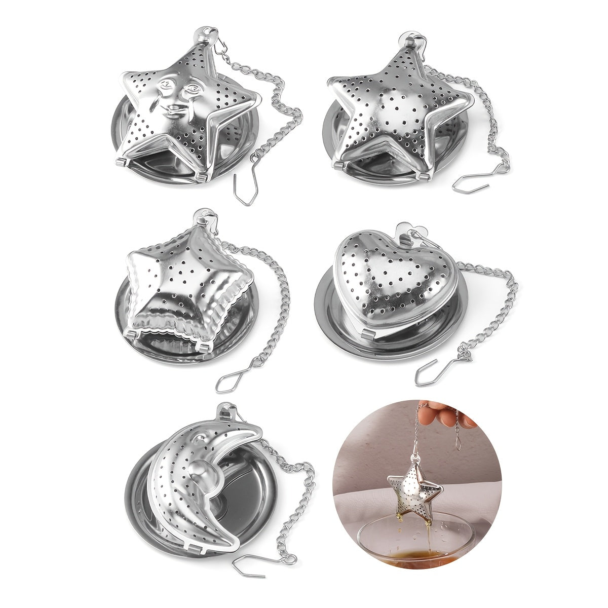 Set of 1 Stainless Steel Hanging Cup Filter Tea Ball with Tray, Available in Heart, Star, and Moon Shapes. Perfect for Ramadan Tea Time. These Creative Tea Balls in Various Shapes are Ideal for Office, Kitchen, Baking, and Special Occasions like Ramadan